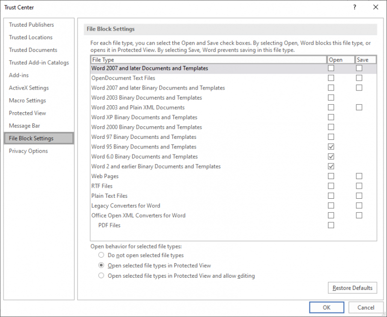 Word trust center settings dialog