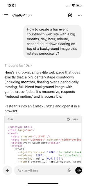 Prompting ChatGPT mobile to create a website