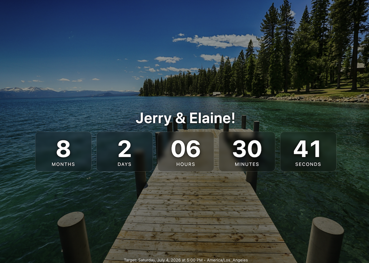 Event countdown website showing the time remaining in a countdown format, laid on top a photo of Lake Tahoe