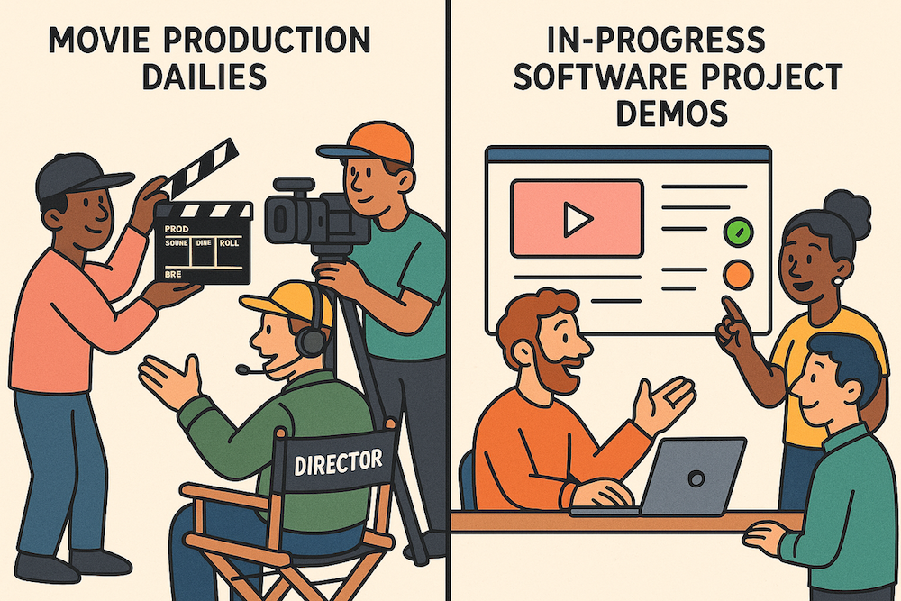 ChatGPT comparison between movie production dailies and software project demos 