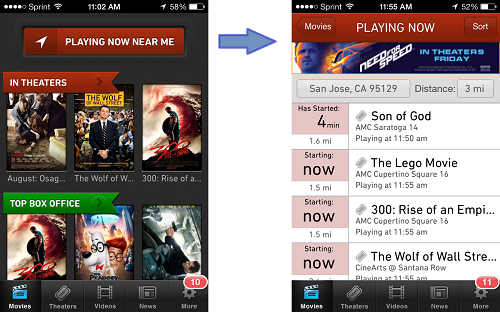 Screenshot of Moviefone mobile iPhone app
