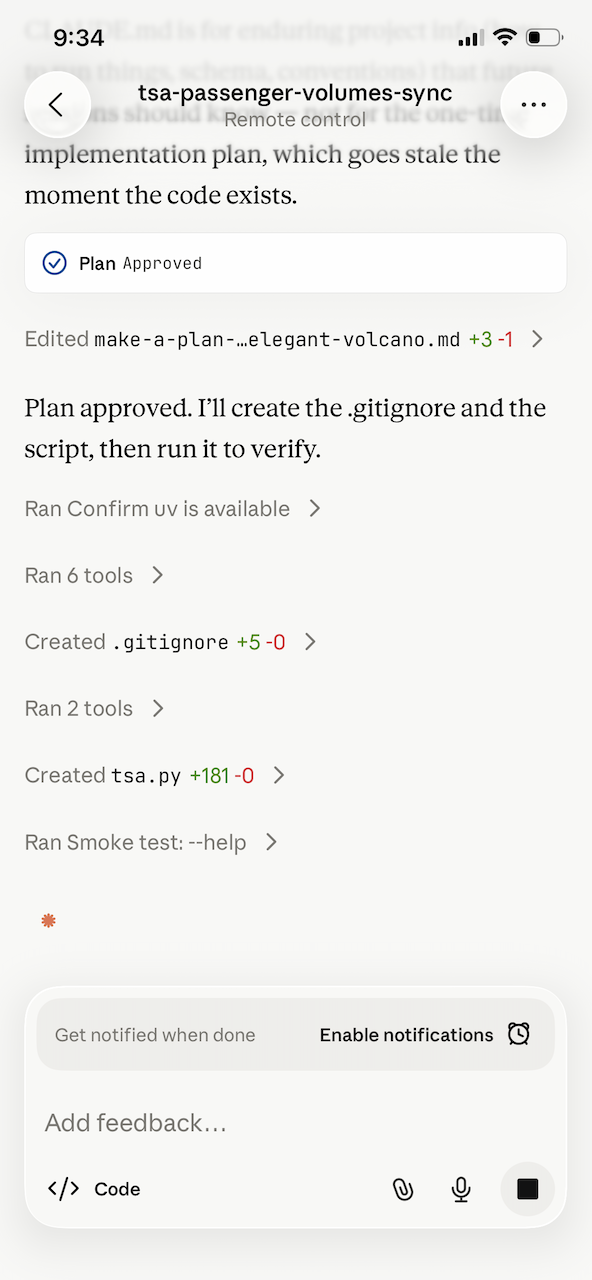 Claude mobile app showing a remote session plan and execution in progress