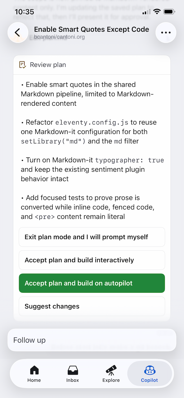 GitHub mobile app showing a Copilot remote session with a plan ready to execute