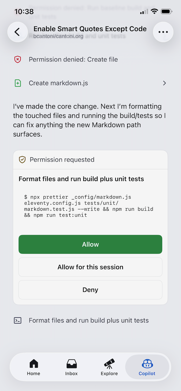 GitHub mobile app showing a Copilot permission prompt